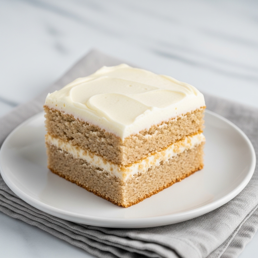 A close-up shot of a single square piece of moist cake with a light brown crumb layer showing a soft and textured interior. On top, there is a thick smooth layer of glossy caramel-colored frosting being poured and spread evenly. The cake sits inside a white dish with clean edges, placed on a white marbled surface. The lighting highlights the moistness of the cake and the shiny texture of the frosting. photo taken with an iphone --ar 4:5 --v 7