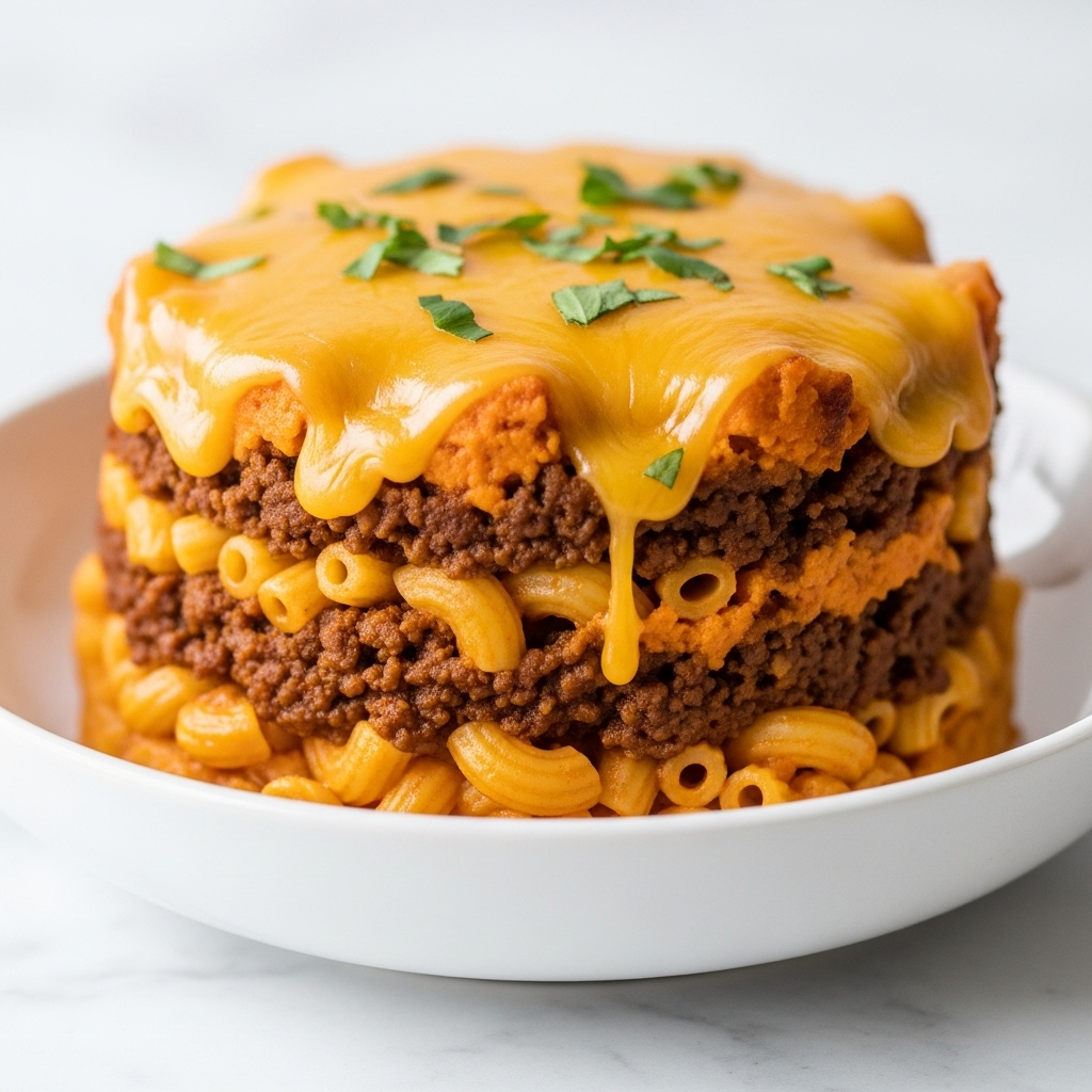 A close-up shot of a layered dish served in a white bowl on a white marbled surface. The dish has three visible layers: the bottom layer is made of soft elbow macaroni pasta soaked in a rich orange sauce, the middle layer is dense and filled with seasoned ground beef, and the top layer is covered with melted golden-yellow cheese that drips down the sides, with small fresh green herb pieces sprinkled on top for garnish. The textures show the smooth sauce and gooey cheese contrasting with the chunky meat and pasta beneath. Photo taken with an iphone --ar 4:5 --v 7