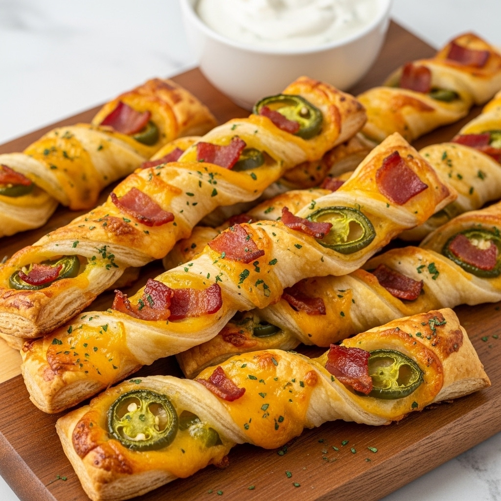 The image shows several golden brown twisted pastry sticks arranged on a wooden board with a small white bowl of creamy white dip in the background. Each twisted pastry has multiple layers of flaky dough with melted yellow cheese and crispy bits of reddish-brown bacon on top. Inside the twists, there are visible pieces of green jalapeño peppers nestled among the cheese and dough layers. The surface of the pastries is shiny and slightly crispy, with small green herb flakes sprinkled over them, adding color contrast. The wooden board rests on a white marbled textured surface. photo taken with an iphone --ar 4:5 --v 7