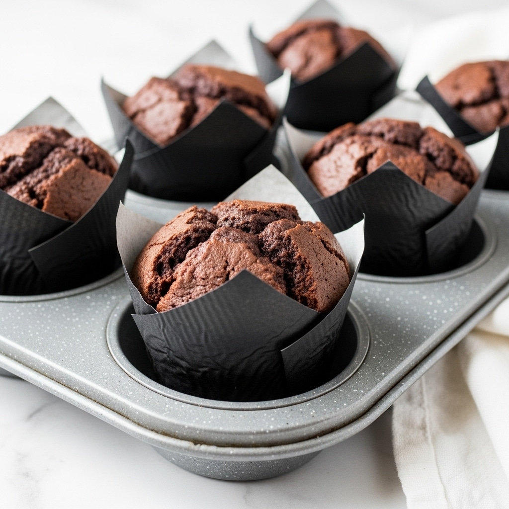 The image shows a close-up of five freshly baked chocolate muffins in a gray speckled muffin tray. Each muffin is placed in a black ridged paper liner that wraps around the base and sides, with the muffins having a dark brown cracked top surface, indicating a soft and moist texture inside. The tray is resting on a white marbled surface with a white cloth partially visible on the right side. The overall look is simple and clean, with the focus on the rich, textured muffins. photo taken with an iphone --ar 4:5 --v 7