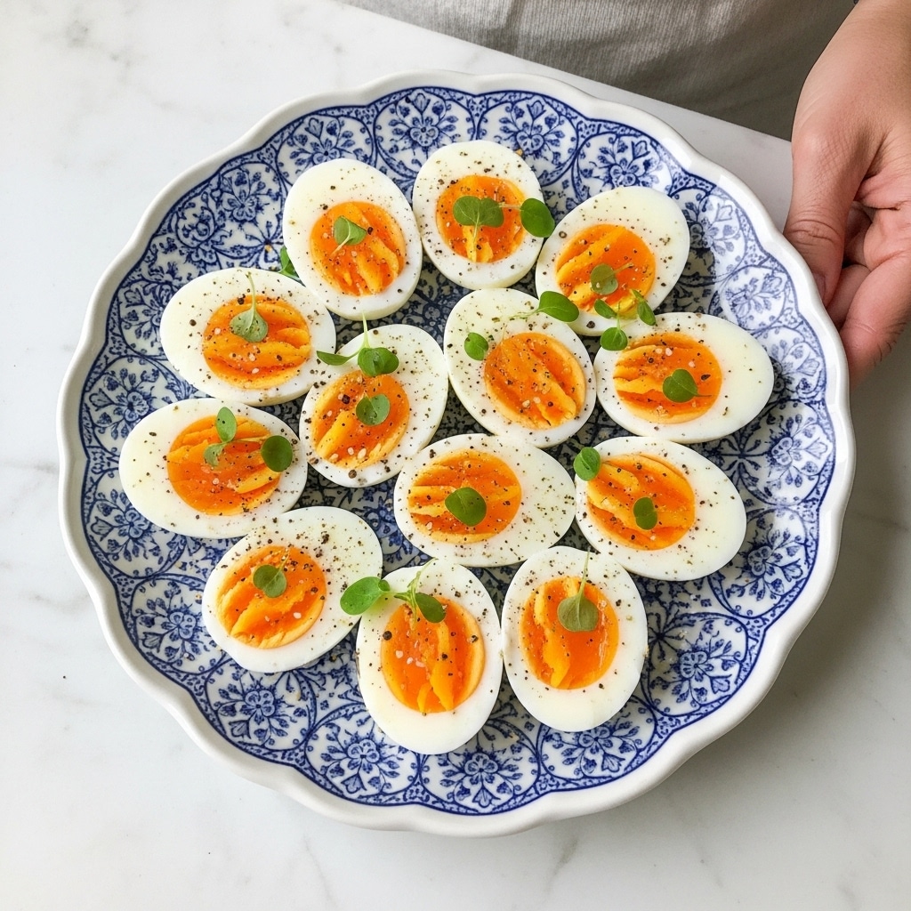 A white scalloped plate with a blue intricate floral pattern is filled with about ten halved boiled eggs, their whites smooth and bright, and yolks vibrant yellow, some slightly soft in the center. The eggs are sprinkled with black pepper and sesame seeds, with tiny green herb leaves scattered between and on top of the eggs, adding a fresh touch. The plate is set on a white marbled surface, and part of a woman's hand is visible near the edge. photo taken with an iphone --ar 4:5 --v 7