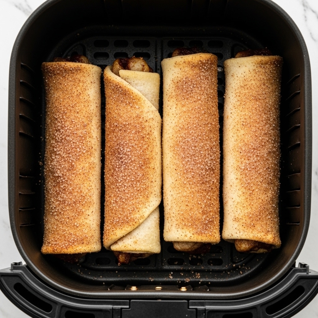 A stack of six rolled pastries is arranged in a pyramid shape on a white plate, each pastry covered in a light brown cinnamon sugar coating that gives a grainy texture. The pastries are golden in color and crispy-looking, with a drizzle of thick, amber caramel sauce flowing down the top pastry and pooling slightly on the plate below. The top pastry has an open end showing a light interior with some small pieces of apple filling visible inside. In the background, two cinnamon sticks lie on the white marbled surface, adding a warm touch to the scene. The overall setting is bright and warm, focusing closely on the sweet roll stack. photo taken with an iphone --ar 4:5 --v 7