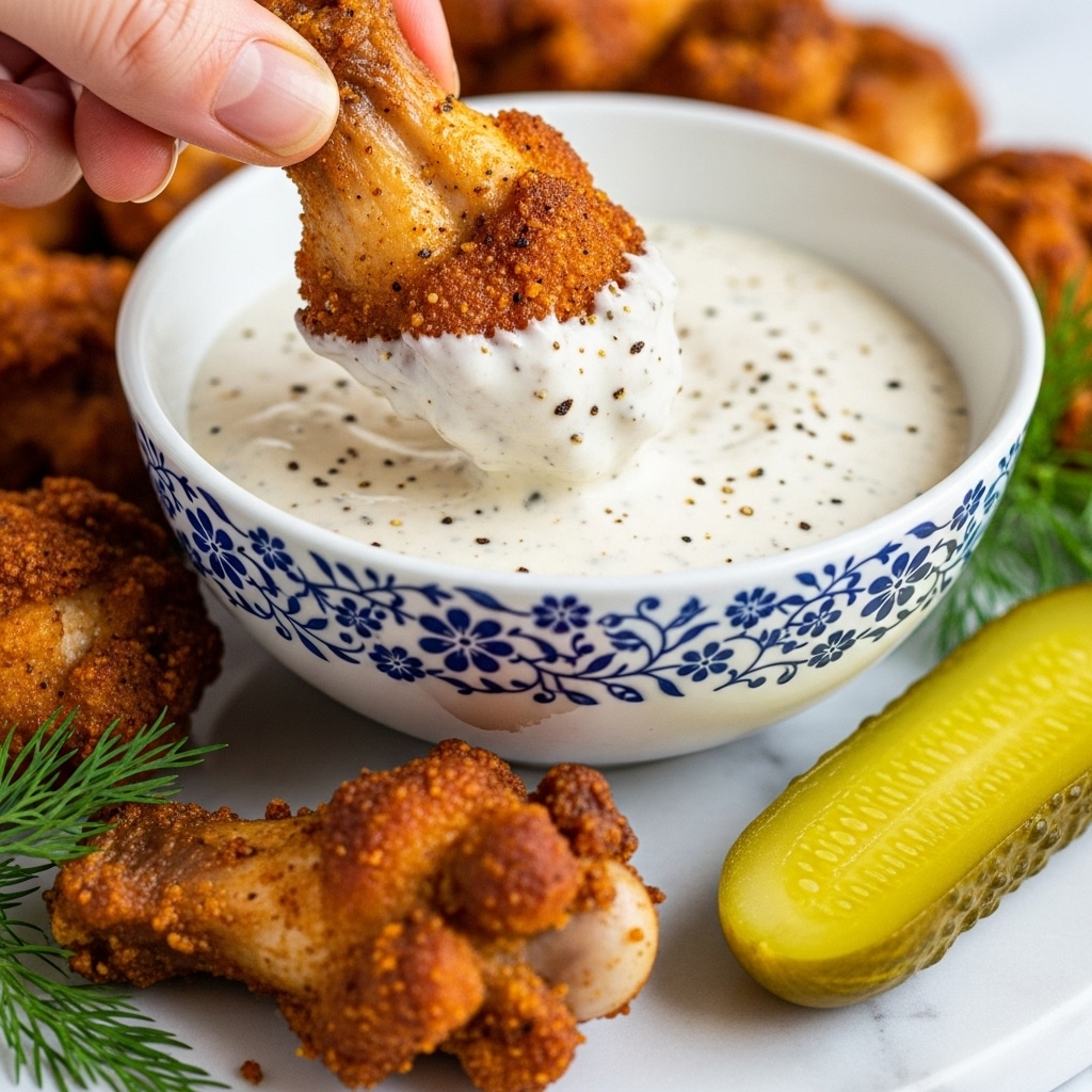 A close-up image shows a crispy, golden-brown chicken wing being held by a woman's hand, dipped halfway into a creamy white sauce with black pepper specks. The sauce is inside a white bowl with a blue floral pattern along the rim, sitting on a white marbled surface. In the foreground, a piece of chicken wing and a pickle slice with a shiny texture rest on the same white marbled surface, with some green dill leaves nearby. Photo taken with an iphone --ar 4:5 --v 7