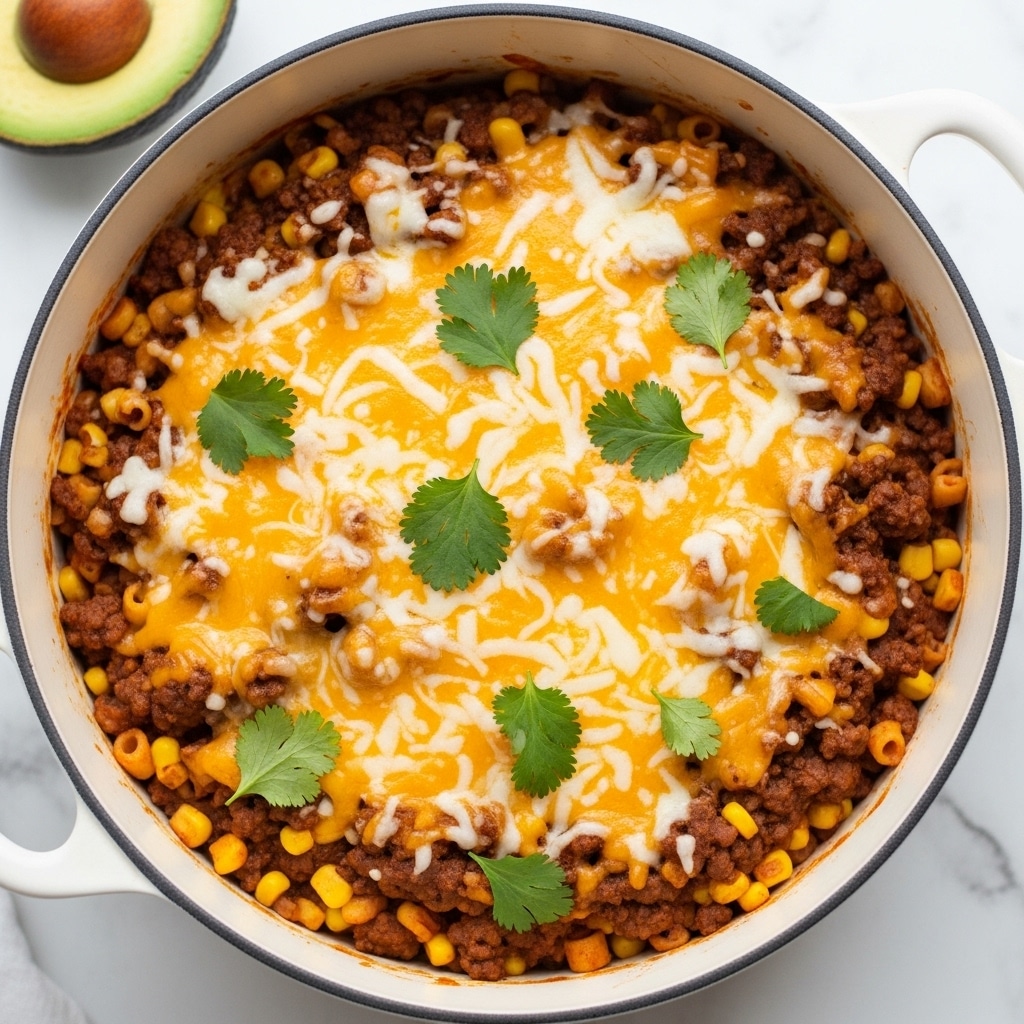 A white pot filled with multiple layers, starting at the bottom with a dark brown meat sauce mixed with corn and small pasta pieces. The middle layer is melted cheese, mostly yellow-orange with some white patches, covering the dish unevenly. Bright green cilantro leaves are sprinkled on top in a scattered pattern. The pot is placed on a white marbled surface with a halved avocado visible in the background. Photo taken with an iphone --ar 4:5 --v 7