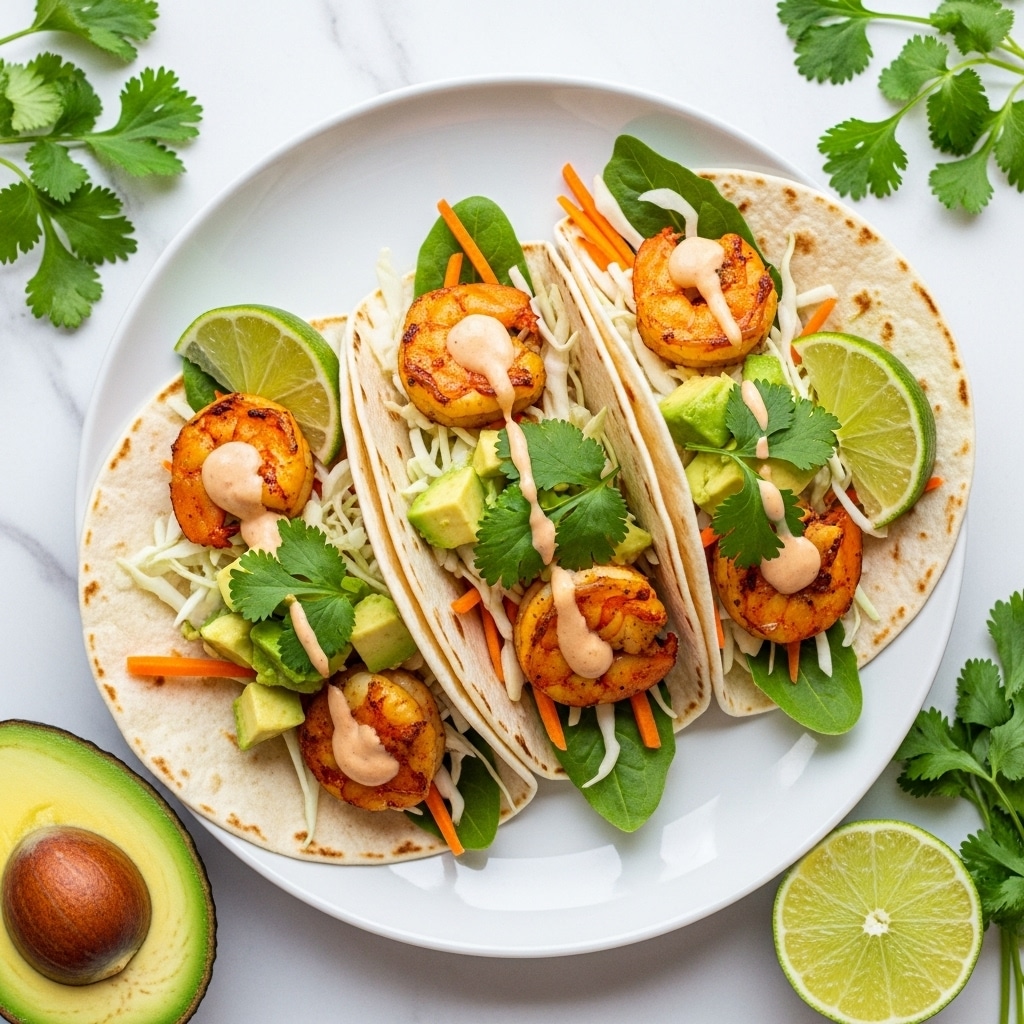 Two soft white tortillas are filled with several layers: the bottom layer shows light green shredded cabbage and thin slices of yellow bell pepper, topped with golden brown grilled shrimp coated with spices. Fresh green cilantro leaves and bright green avocado slices are added on top, with a drizzle of creamy white sauce spread over the shrimp. The tacos rest on a white marbled surface with a halved avocado and lime wedge blurred in the background. Photo taken with an iphone --ar 4:5 --v 7