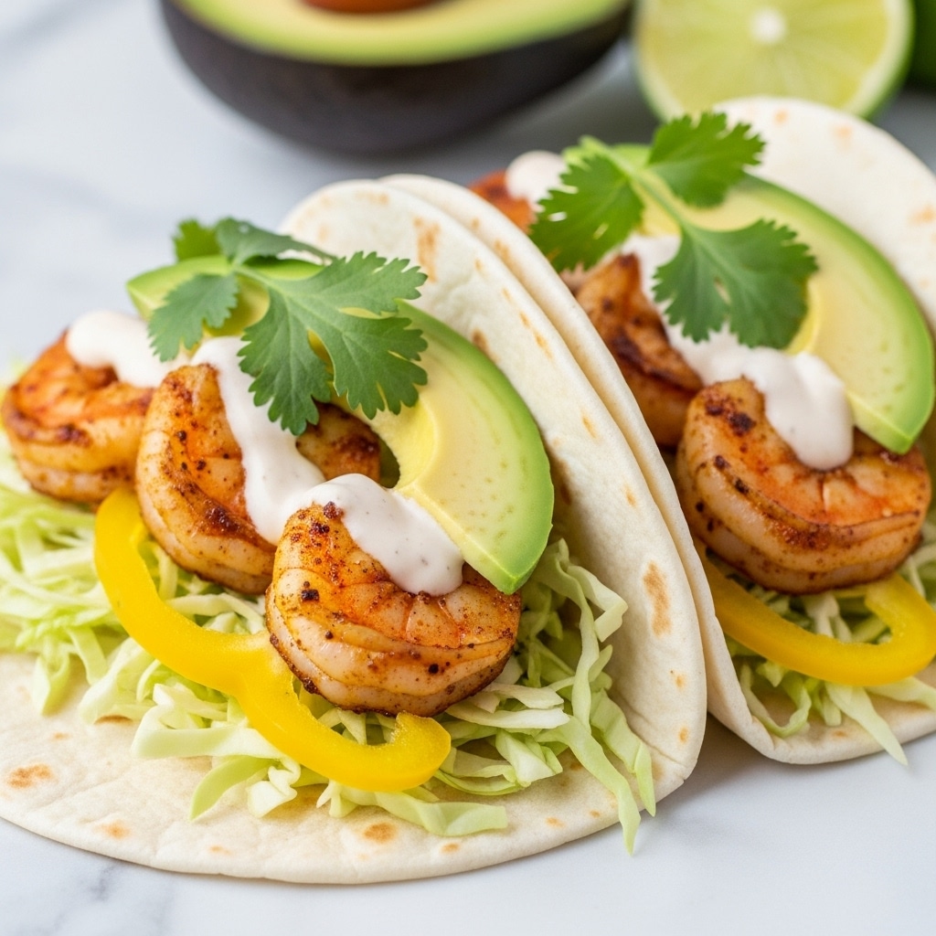 Three soft tortillas folded and placed side by side on a white plate, each filled with grilled shrimp that are orange-brown and slightly charred. Under the shrimp, there is a layer of shredded white cabbage and thin carrot strips, topped with bright green cilantro leaves and chunks of light green avocado. A creamy, light pink sauce is drizzled over the shrimp and greens. A lime wedge is tucked inside one of the tortillas, and the plate is set on a white marbled surface with half an avocado, a halved lime, and sprigs of fresh cilantro around it. Photo taken with an iphone --ar 4:5 --v 7