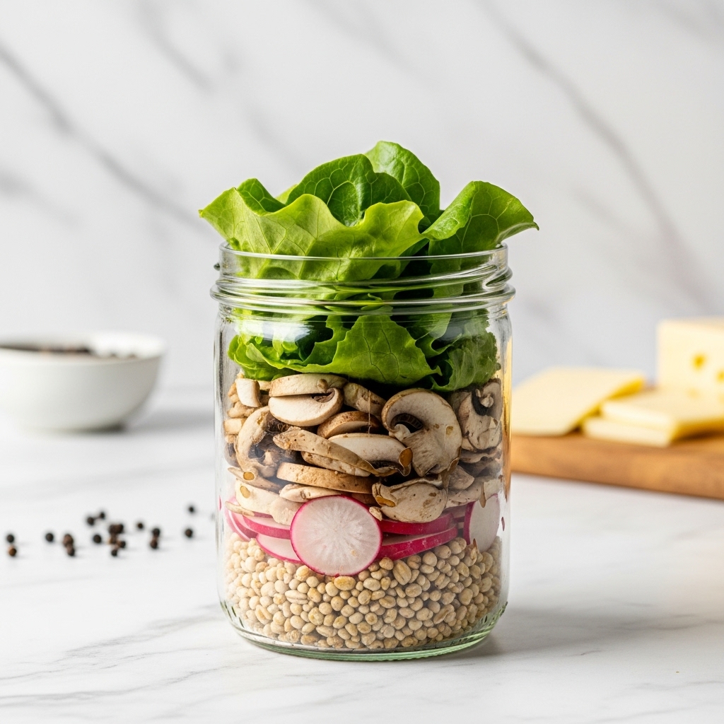A clear glass jar filled with multiple colorful layers of salad ingredients stands on a white marbled surface. The bottom layer consists of small, light beige pieces resembling grains or seeds. Above that is a layer of light pink slices, possibly radishes, followed by a mixture of sliced mushrooms in light brown and beige shades. On top of the mushrooms rests a thick layer of green lettuce leaves, with some of the leaves slightly extending above the jar's rim. The background includes a white marbled texture with scattered black peppercorns nearby and a wooden cutting board with slices of cheese slightly blurred in the distance. Photo taken with an iphone --ar 4:5 --v 7