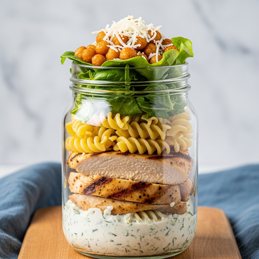 A clear glass jar filled with five distinct layers starting from the bottom: creamy white sauce with green herbs, fresh green lettuce leaves above it, followed by a layer of spiral-shaped light yellow pasta, then thick slices of grilled chicken breast with a golden brown char, topped again with spiral pasta and more green lettuce, and finished with golden-brown roasted chickpeas sprinkled with shredded white cheese on top, all placed on a wooden board over a blue cloth with a white marbled background. photo taken with an iphone --ar 4:5 --v 7