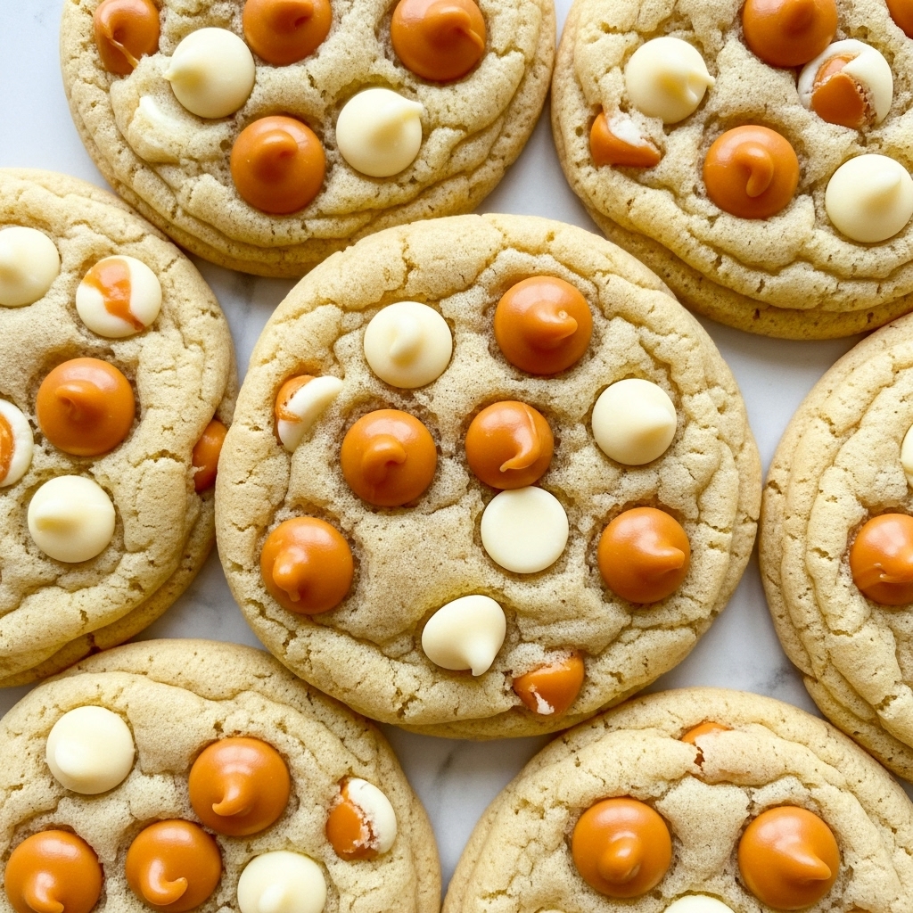 The image shows a close-up of soft, round cookies with a pale golden color base. Each cookie has smooth, creamy butterscotch chips and white chocolate chips embedded on the top, making a pattern of small, rounded lumps with a shiny texture. The cookie surface is slightly cracked and looks soft and chewy, with the chips standing out due to their smooth and glossy finish. The cookies are stacked closely together, filling the whole frame, all placed on a white marbled surface. photo taken with an iphone --ar 4:5 --v 7