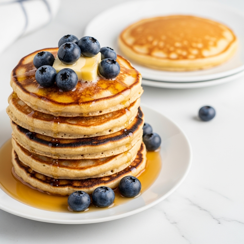 A stack of five thick, golden-brown pancakes sits on a white plate with syrup pooling around the base. On top of the stack, there is a dollop of creamy butter melting gently, surrounded by several plump, fresh blueberries. In the background, a single plain pancake rests on another white plate, slightly out of focus. The scene is set against a white marbled surface, highlighting the warm tones of the pancakes and the deep blue of the berries. Photo taken with an iphone --ar 4:5 --v 7