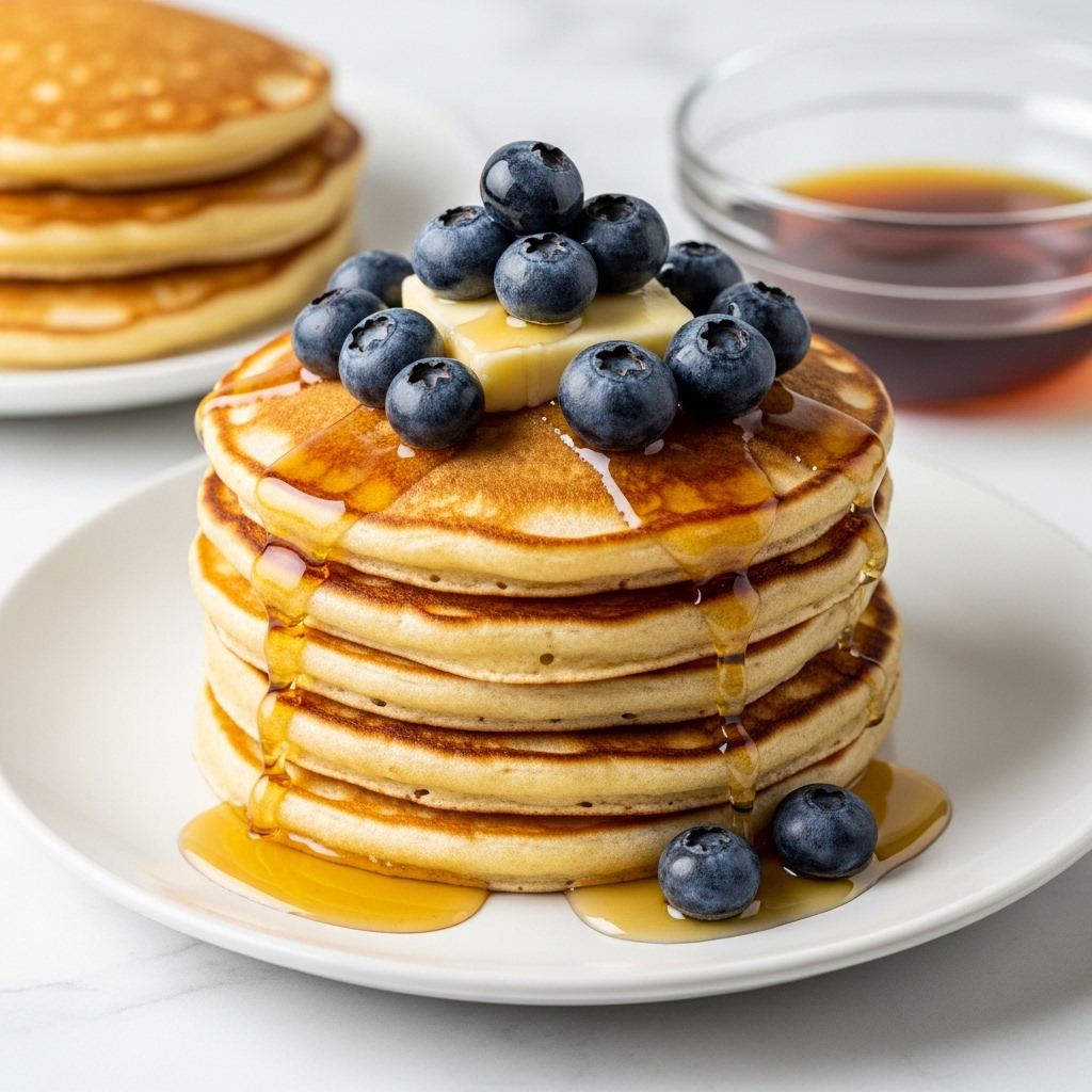 A stack of five golden brown pancakes sits in the center of a white plate, each pancake fluffy with lightly crisped edges. On top of the stack is a melting square of pale yellow butter surrounded by a small pile of shiny fresh blueberries that are dark blue with a slight gloss. Golden syrup glistens, slowly trickling down the sides of the pancakes onto the plate. In the background, there is a glimpse of another white plate holding more pancakes and a clear bowl filled with dark amber syrup, all placed on a white marbled surface. photo taken with an iphone --ar 4:5 --v 7