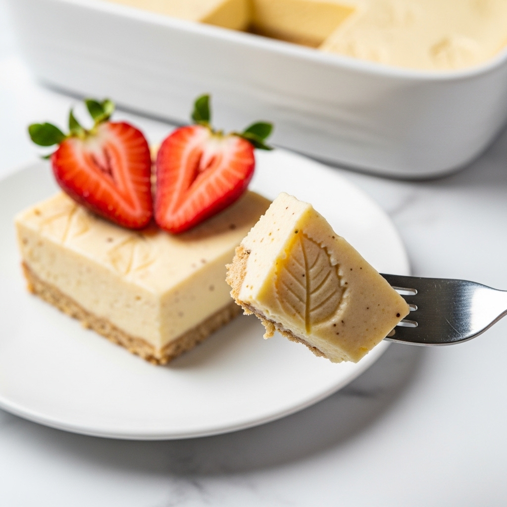 A close-up image shows a fork holding a small, creamy, pale yellow square of dessert with a smooth, soft texture and faint leaf imprint on its surface. In the background, on a white plate, is a square slice of the same dessert topped with two bright red strawberry halves with green leaves, resting on a pale yellow, slightly speckled creamy base. Behind the plate, part of a white baking dish filled with the same dessert can be seen, sitting on a white marbled surface. The photo taken with an iphone --ar 4:5 --v 7