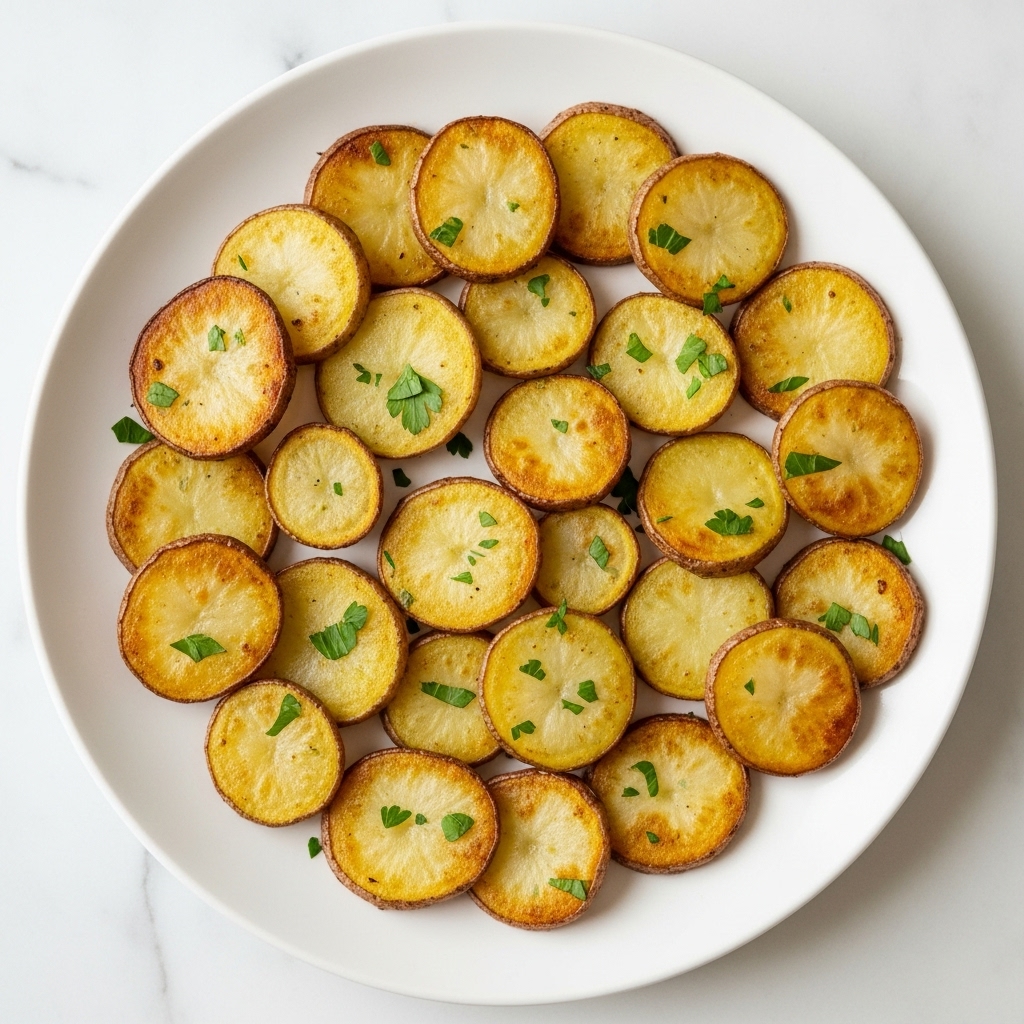 A white plate holds a single layer of golden-brown roasted potato slices, each about a quarter-inch thick, with some edges browned and slightly crispy. The potato slices are scattered with small pieces of fresh green parsley, adding a pop of color and a fresh look. The plate rests on a white marbled surface, and the overall look is warm and inviting. photo taken with an iphone --ar 4:5 --v 7