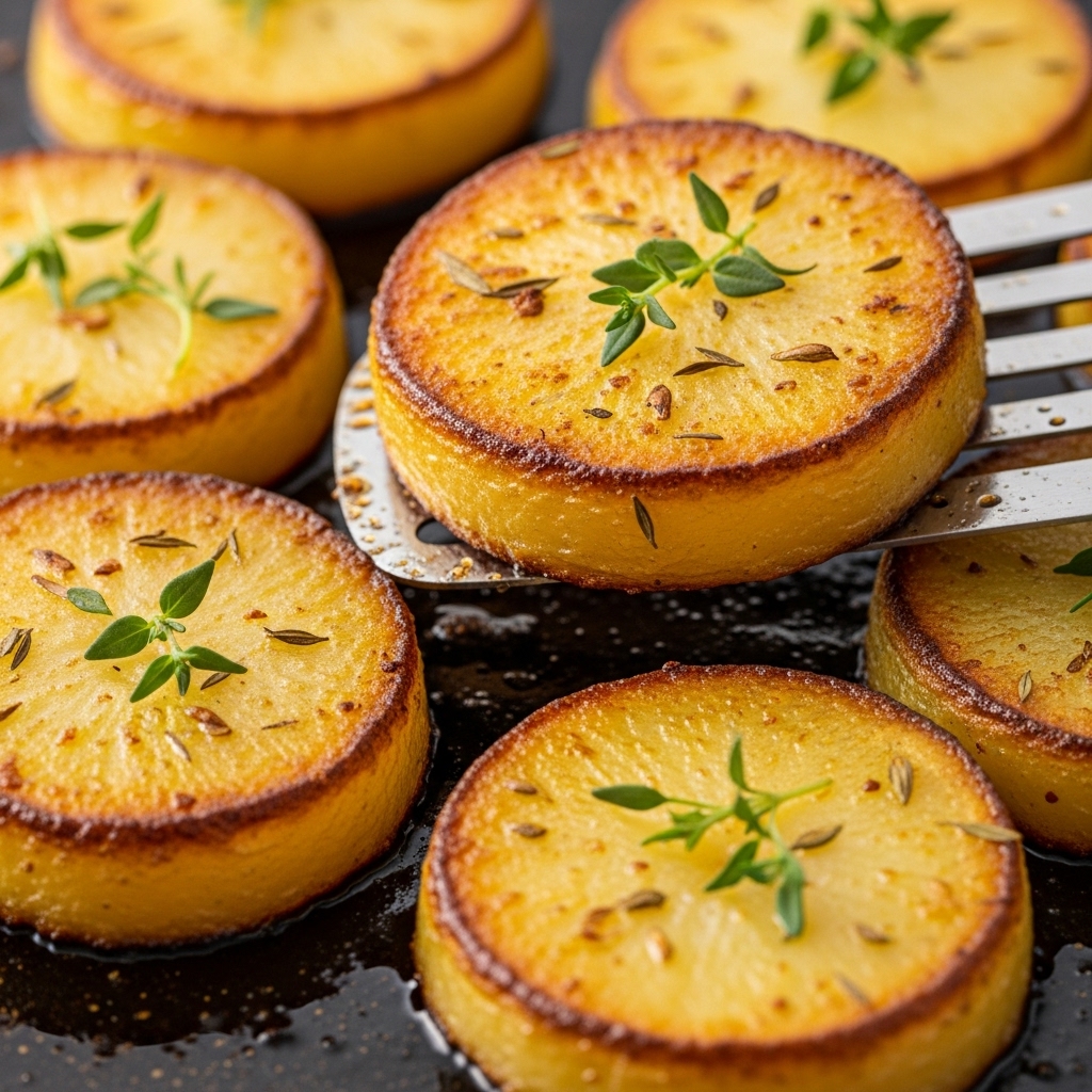 This image shows many small roasted potato halves arranged closely together on a white marbled surface. Each potato half has a crispy golden-brown skin with a soft yellow inside. The tops are sprinkled with green herbs like thyme and some coarse salt, adding texture and color contrast. The potatoes have a slightly oily shine, showing they were cooked with oil or butter. The mix of golden, brown, and green colors creates a warm, inviting feeling. Photo taken with an iphone --ar 4:5 --v 7
