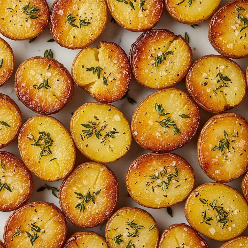 The image shows several round slices of golden-brown roasted potatoes with a crispy texture, topped with small sprigs of fresh herbs. Each round potato slice has a slightly charred edge and a soft yellow center. One piece is lifted by a metal spatula, showing the underside with a similar crispy finish. The potatoes sit closely packed on a dark cooking surface with a shiny, oily coating that highlights their roasted quality. The herb sprigs add green contrast on top of the warm yellow and brown colors. The background is softly blurred, focusing attention on the cooked potato slices in the foreground. photo taken with an iphone --ar 4:5 --v 7