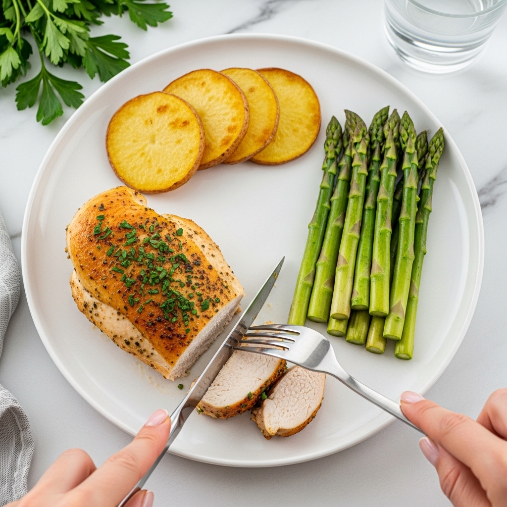 A white plate on a white marbled surface holds a meal with three main parts: on the left, a cooked piece of chicken breast with golden-brown skin and a sprinkle of chopped green herbs on top, showing a slice cut to reveal moist, white meat inside; above the chicken, there are four golden-brown, round potato slices arranged in a fan shape; and on the right, a small bunch of bright green asparagus spears lined up neatly. A fork and knife rest on the plate, with the fork held by a woman's hand cutting into the chicken. Some fresh parsley and a glass of water are in the background. Photo taken with an iphone --ar 4:5 --v 7
