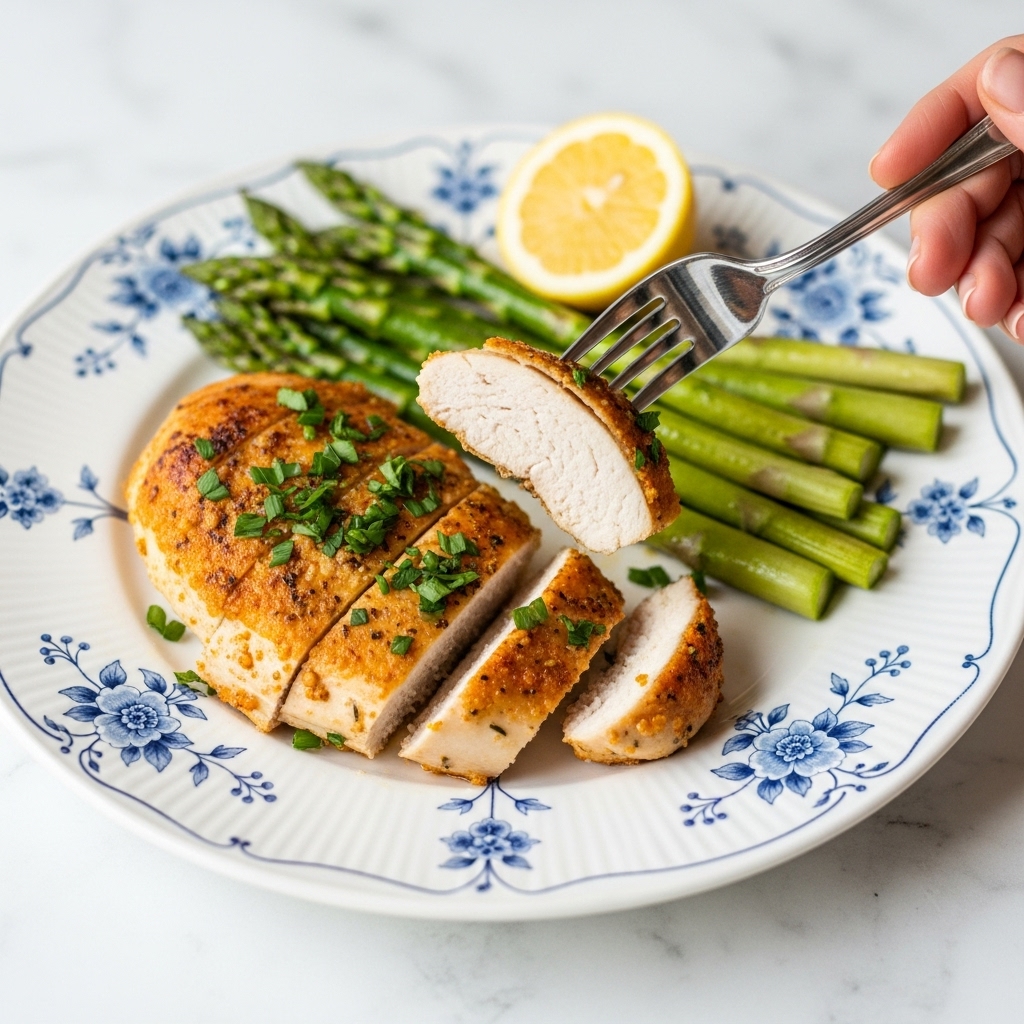A white plate with blue floral patterns holds a cooked chicken breast topped with chopped green herbs. The chicken breast is sliced, showing a moist white inside with a golden brown crispy outside layer. Next to it are several green asparagus stalks arranged neatly with a small yellow lemon wedge placed near the back of the plate. A silver fork, held by a woman's hand, lifts a thick slice of the chicken, emphasizing its tender and juicy texture. The setting is on a white marbled surface. photo taken with an iphone --ar 4:5 --v 7