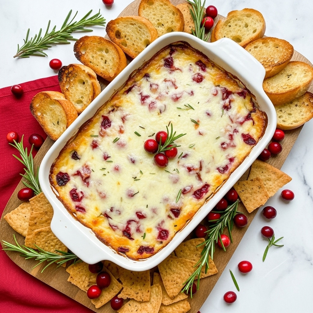 A white rectangular baking dish filled with a cranberry cheese dip showing a thick top layer of creamy melted cheese mixed with bright red cranberries, garnished with whole cranberries and a small sprig of green rosemary in the center. The dish sits on a white marbled surface, placed atop a wooden board with a red cloth underneath it. On the board around the dish, there are several toasted golden brown baguette slices, light brown pita chips, scattered whole cranberries, and sprigs of green rosemary, creating a colorful and inviting arrangement. Photo taken with an iphone --ar 4:5 --v 7