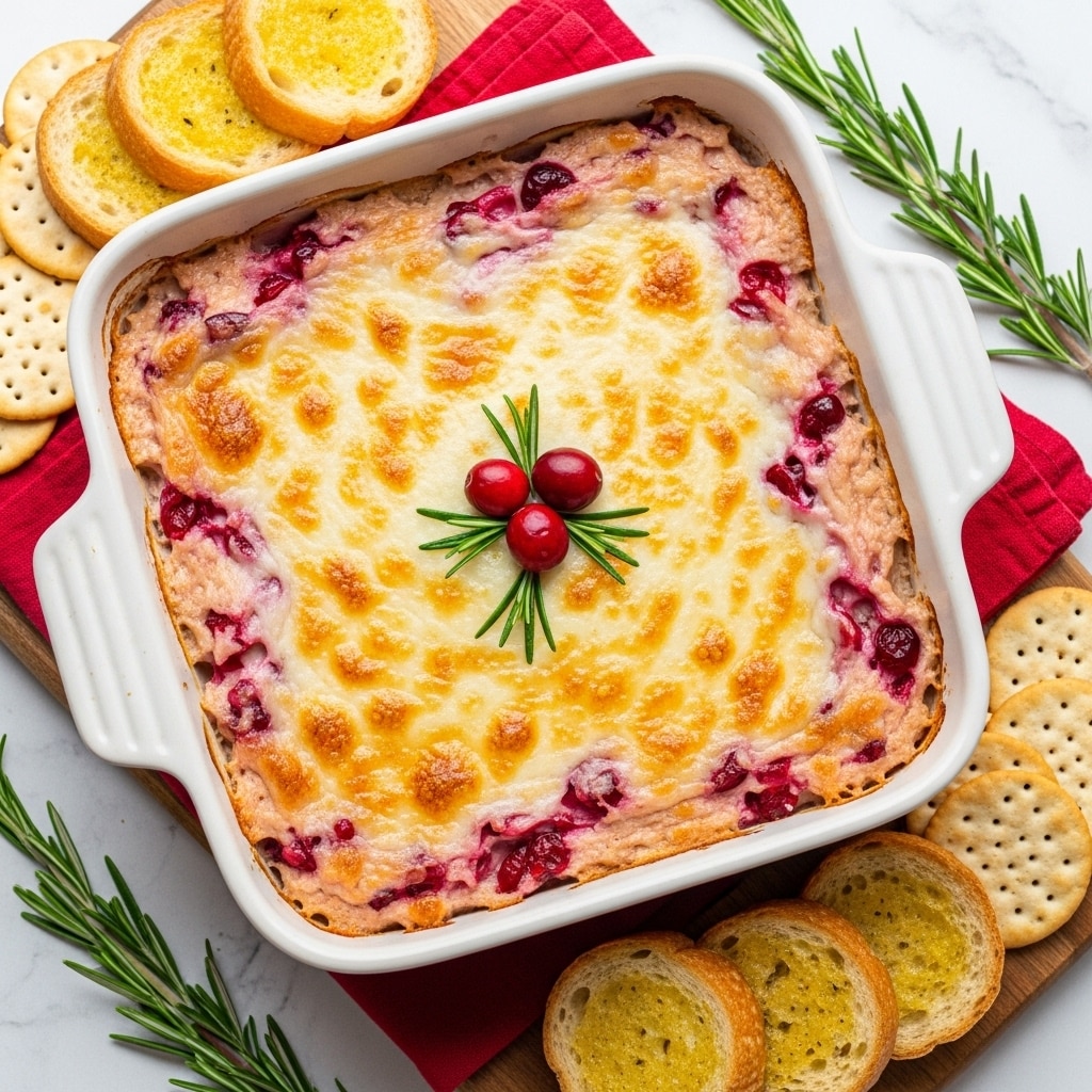A white baking dish filled with a creamy, melted cheese layer mixed with red cranberry pieces, creating a pinkish and golden bubbly top layer. The cheese layer is thick and spreads evenly over the dish with some browned spots. The dish sits on a red cloth over a wooden board, surrounded by a few green rosemary sprigs, light brown toasted bread slices with a golden crust, and beige crackers. Three whole cranberries and a small green rosemary sprig decorate the center of the cheese topping. The photo is taken on a white marbled texture. photo taken with an iphone --ar 4:5 --v 7