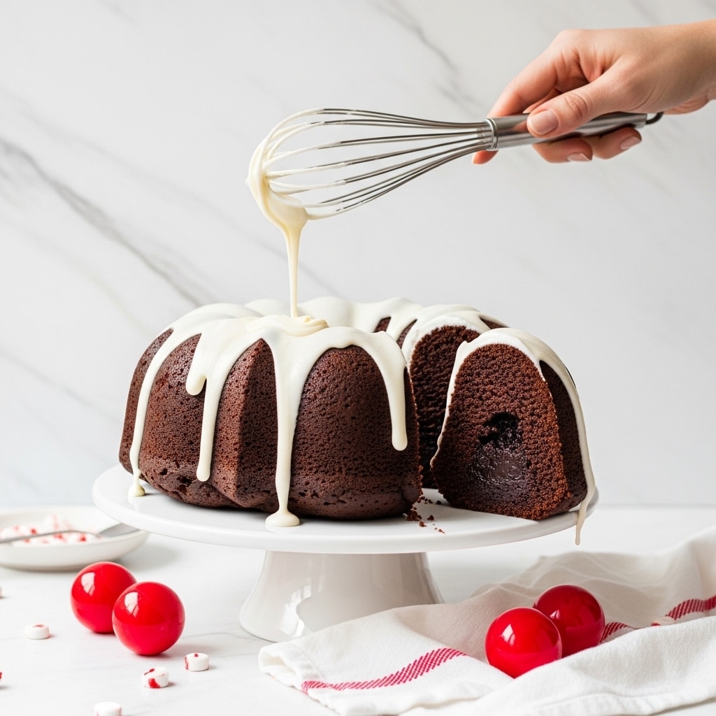 A dark brown Bundt cake with a moist, dense texture is placed on a white cake stand against a white marbled background. One thick slice has been cut out, revealing a rich, almost black center. A woman's hand is holding a whisk above the cake, and creamy white icing is being poured over the top, slowly dripping down the sides in thick, uneven streams. Around the base of the cake stand, there are a few bright red round decorations and a white cloth with red stripes. photo taken with an iphone --ar 4:5 --v 7