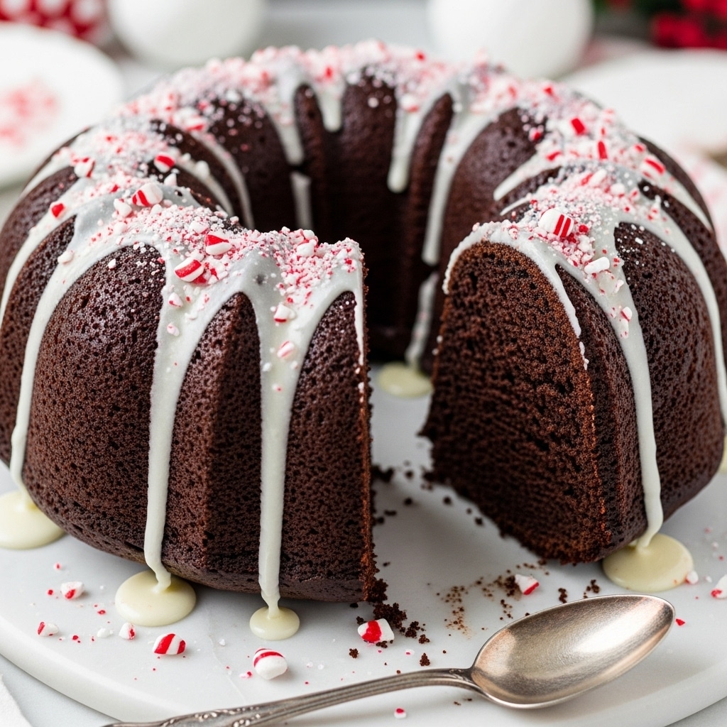 A dark chocolate Bundt cake with a thick, rich texture is shown sliced open to reveal its moist inside. It has a light white glaze drizzled over the top and sides, creating thin streaks that drip down the edges. Small pieces of crushed red and white peppermint candy are sprinkled generously over the glaze and around the base of the cake. The cake sits on a white marbled surface with a silver spoon nearby, adding a vintage touch. The background is softly blurred with hints of white and red holiday decorations. Photo taken with an iphone --ar 4:5 --v 7