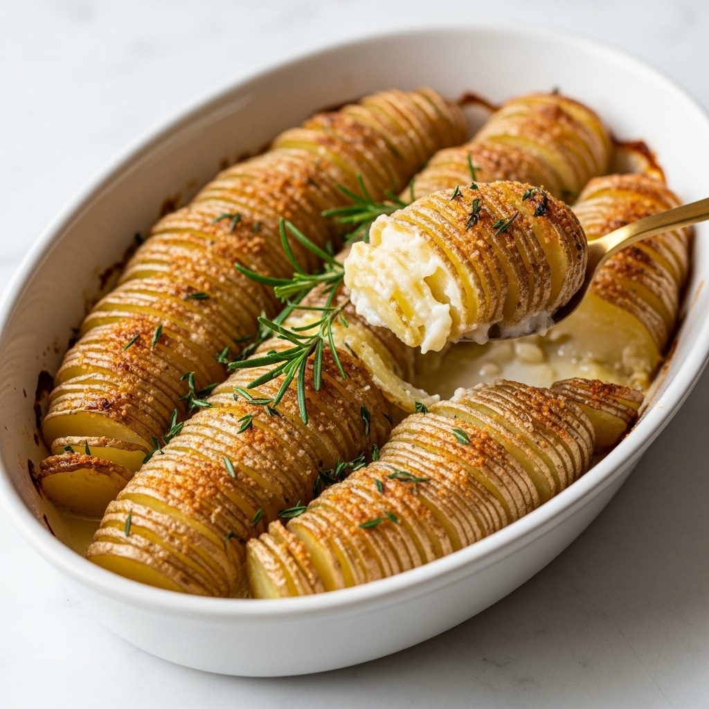 A white oval dish is filled with thin, golden brown potato slices arranged upright in several rows. The slices have a crispy texture on top with some browned edges and are sprinkled with green herbs. A gold spoon lifts a layered scoop of the potatoes, showing the creamy, soft inside. There are a few rosemary or thyme sprigs placed on top for decoration. The dish sits on a white marbled surface. photo taken with an iphone --ar 4:5 --v 7