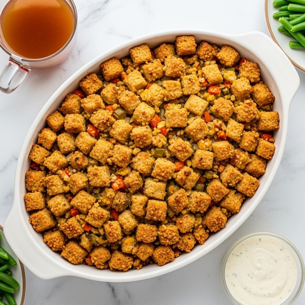 A top view of a white oval casserole dish filled with golden brown stuffing made of small bread cubes mixed with bits of vegetables, evenly browned on top with a crunchy texture. The dish is placed on a white marbled surface with a cup of brown liquid and a small container of white sauce nearby, along with some cooked green beans visible at the edge. photo taken with an iphone --ar 4:5 --v 7