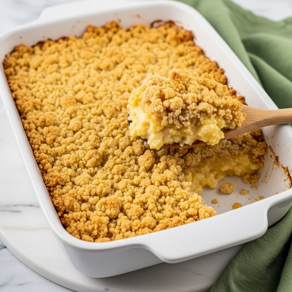 A white rectangular baking dish filled with golden-brown crumbly baked casserole. The top layer is rough and crisp with small clusters of cooked crumbs in light golden and tan shades. A wooden spoon lifts up a portion from the dish, showing soft, creamy, light yellow filling underneath the crumbly crust. The dish sits on a white marbled surface with a partial view of a green cloth nearby. photo taken with an iphone --ar 4:5 --v 7