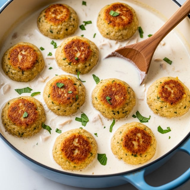 A close-up of a blue pot filled with a creamy white sauce and several round, golden-browned dumplings floating on top, each dumpling showing a slightly rough texture and a light crust. Small sprigs of green herbs are scattered over the dumplings and sauce. A wooden spoon is partially submerged in the sauce on the right side of the pot, resting gently against one of the dumplings. The scene is set on a white marbled surface. photo taken with an iphone --ar 4:5 --v 7