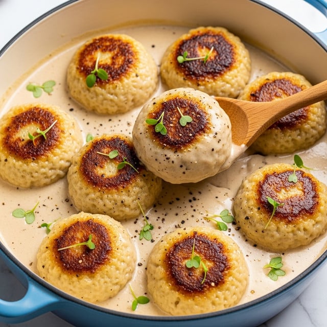 A close-up view of a blue pot filled with several round dumplings covered in a thick, creamy beige sauce. Each dumpling has a golden brown, slightly crispy top with a soft, textured surface beneath the browned spots. Small green herb sprigs and a few black pepper specks are scattered over the dumplings, adding color contrast. A wooden spoon is partially submerged in the sauce, lifting one dumpling gently. The background features a white marbled texture. Photo taken with an iphone --ar 4:5 --v 7
