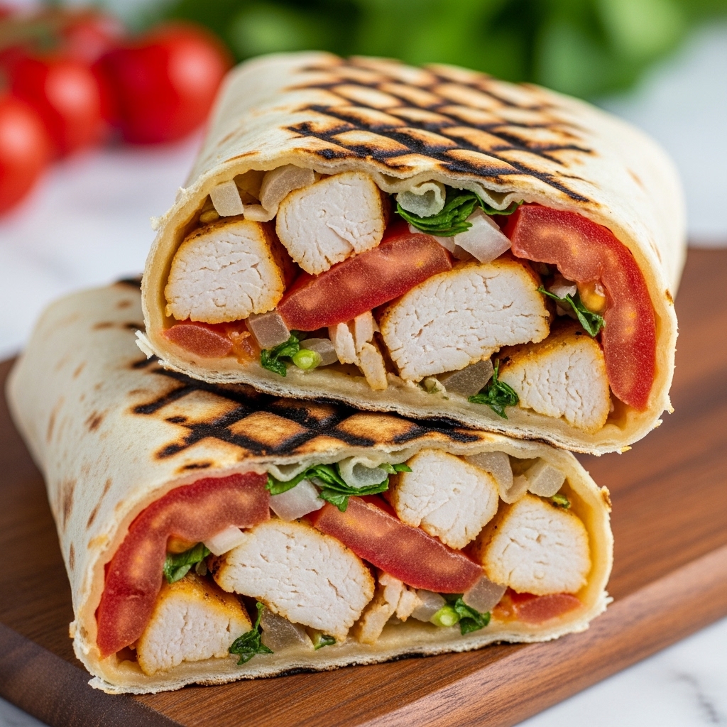 A close-up view of a grilled wrap cut in half, showing its inside layers. The wrap has a slightly charred, golden-brown outside with grill marks. Inside, there are chunks of cooked chicken that are light beige with a tender texture, mixed with bright red tomato pieces, green herbs, and small bits of white onion. The wrap is placed on a wooden board, with blurred red cherry tomatoes and green herbs in the background on a white marbled surface. Photo taken with an iphone --ar 4:5 --v 7
