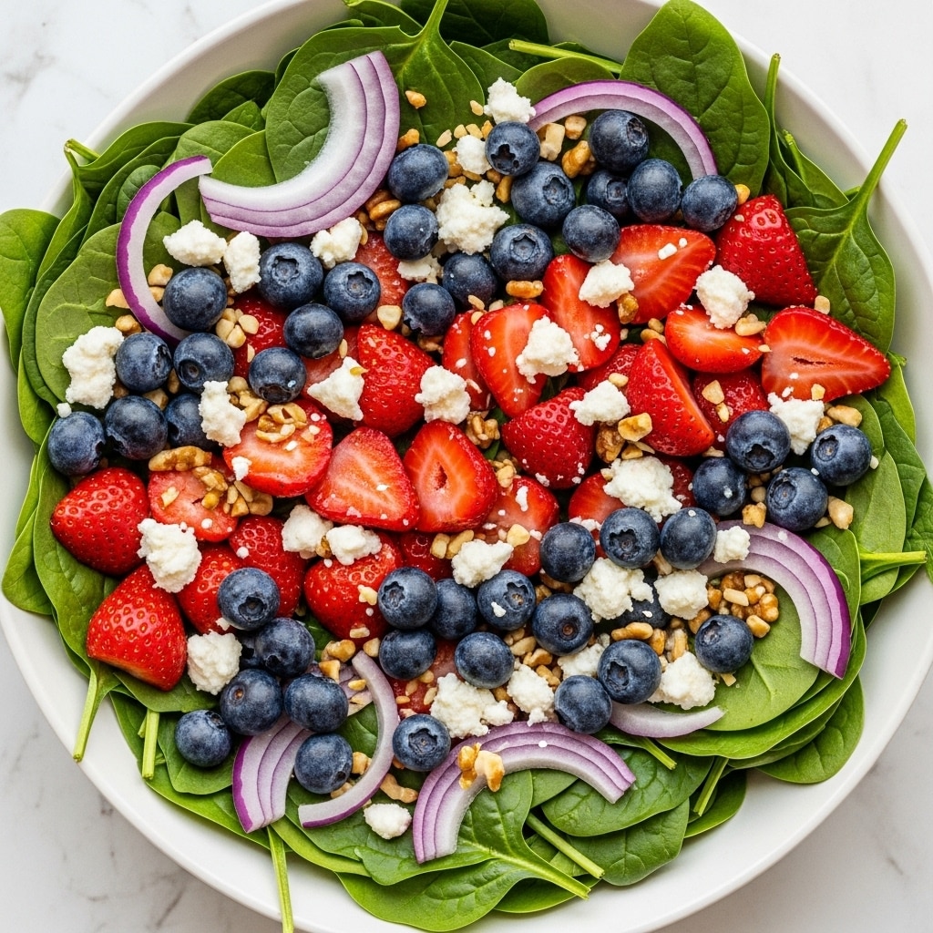 A white bowl filled with fresh spinach leaves forming the bottom green layer, topped with a bright red layer of halved strawberries scattered evenly. Blueberries are mixed throughout the top, along with thin slices of purple-red onion. Small white crumbles of cheese and bits of chopped nuts are sprinkled over the dish, adding texture and contrast. The bowl sits on a white marbled surface. Photo taken with an iphone --ar 4:5 --v 7