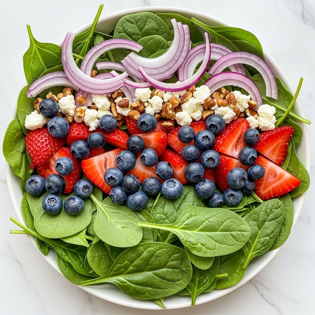 A fresh salad is in a white bowl on a white marbled surface. The salad has three main layers: the bottom layer is bright green spinach leaves with a smooth texture, spread evenly. The middle layer contains sliced red strawberries and small round dark blue blueberries scattered across the spinach. The top layer has thin curved slices of purple-red onion and small bits of crumbly white cheese and brown crunchy nuts sprinkled all over. Photo taken with an iphone --ar 4:5 --v 7