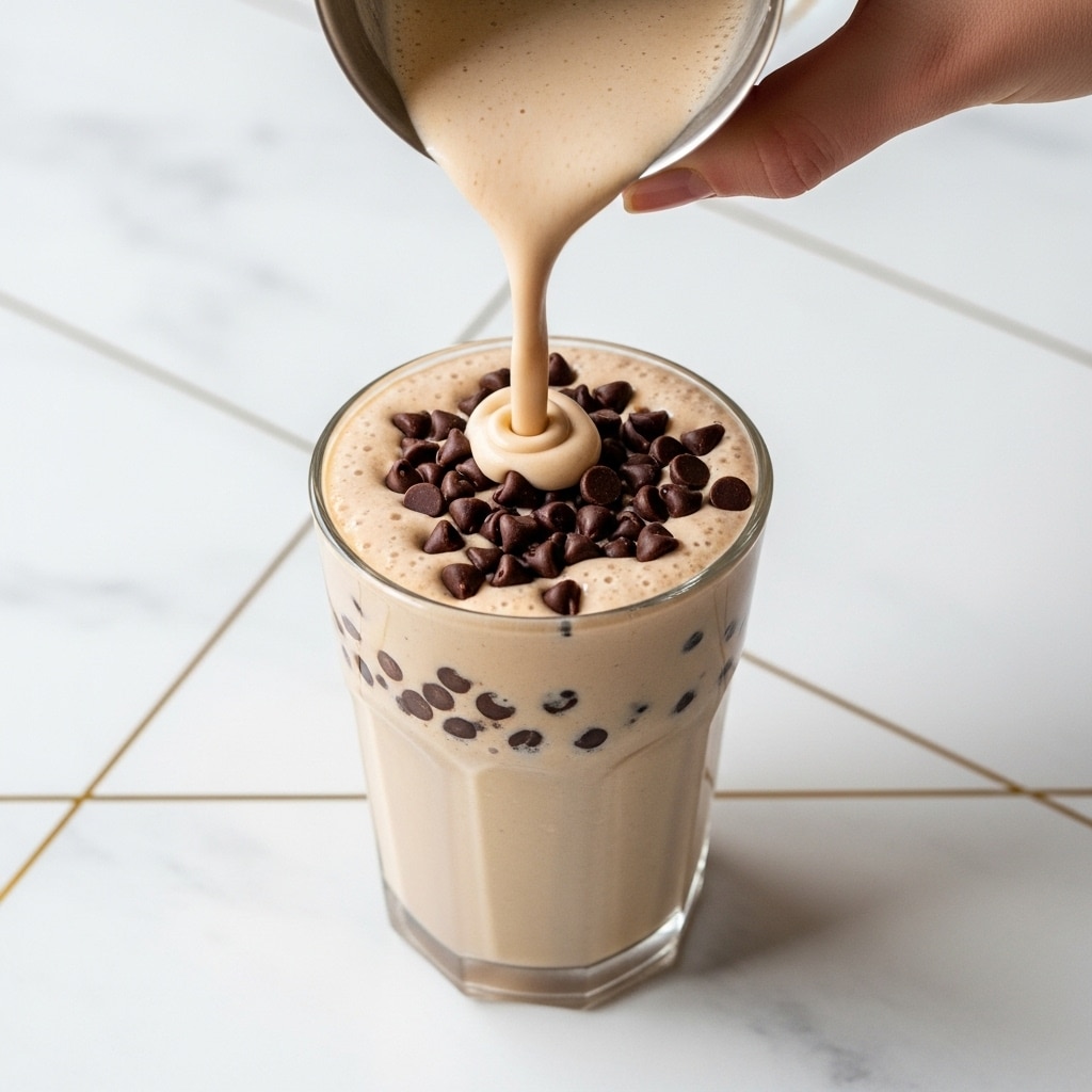 A clear glass is filled nearly to the top with a thick, light brown milkshake. On top, a layer of dark brown chocolate chips is visible, slightly sinking into the milkshake. Above this, a creamy light brown milkshake is being poured from a metallic cup, creating a smooth, flowing stream. The glass is placed on a white marbled surface with subtle gray veins and thin gold lines crossing it. A woman's hand holds the cup pouring the milkshake. The image is bright and clear, showing smooth textures and rich colors. photo taken with an iphone --ar 4:5 --v 7