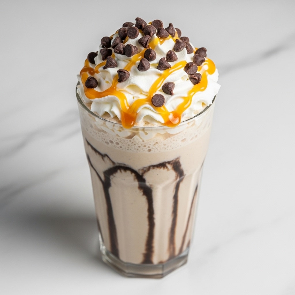 A tall clear glass filled with a creamy light brown milkshake that has dark vertical streaks inside. On top, there is a thick layer of white whipped cream with a golden caramel sauce drizzled over it. The whipped cream is covered with many small, round, dark brown chocolate chips. The glass is placed on a white marble surface. photo taken with an iphone --ar 4:5 --v 7