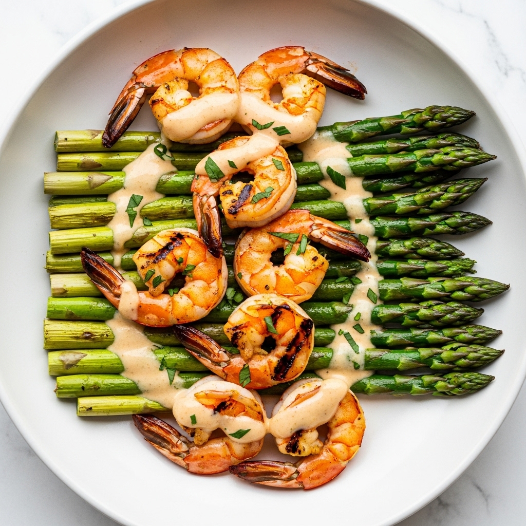 A close-up of a white bowl filled with creamy sauce as the base layer, smooth and light beige in color, topped with grilled shrimp that are slightly charred with a golden and pink color, arranged evenly in a circular pattern. Under and around the shrimp, green asparagus pieces with a fresh and slightly shiny look lay scattered. The shrimp have small green herb pieces sprinkled on them, adding texture and color contrast. The bowl is set on a white marbled surface. Photo taken with an iphone --ar 4:5 --v 7