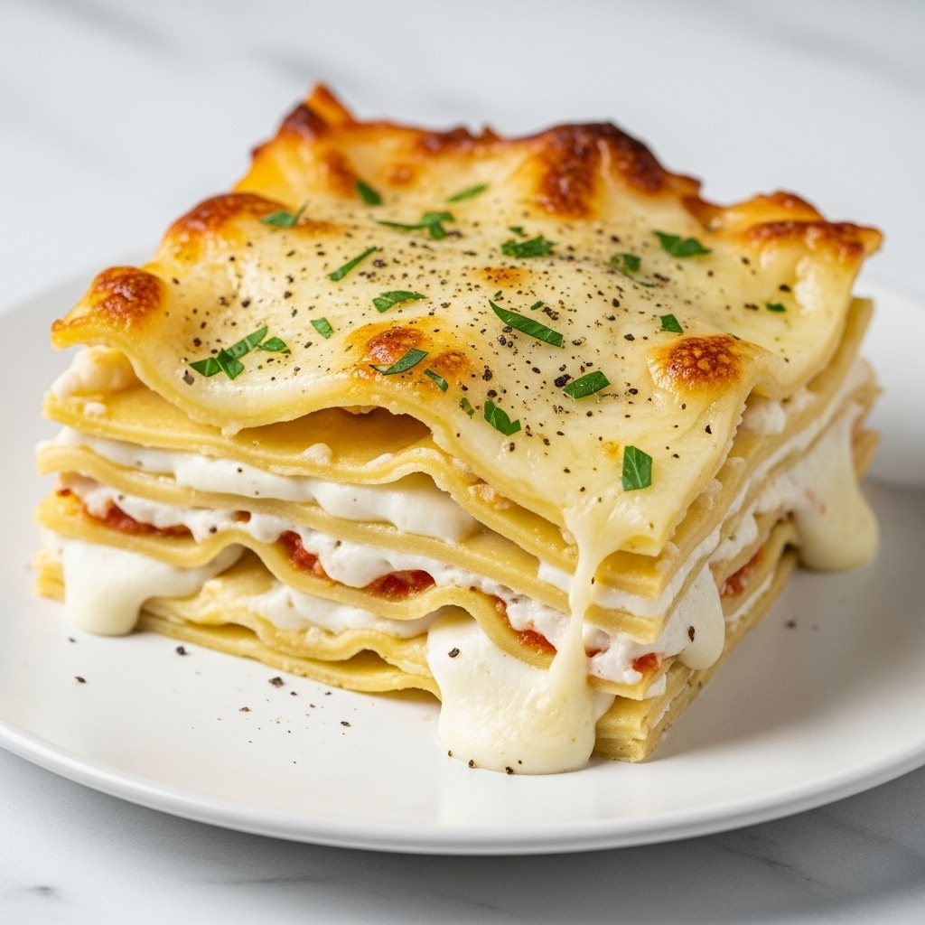 A layered lasagna slice sits on a white plate with a white marbled surface underneath. It has four visible layers of pale yellow pasta sheets separated by creamy white cheese sauce that oozes slightly at the edges. The top layer is covered with melted cheese, golden brown in spots from baking, and sprinkled with finely chopped green herbs and a light dusting of black pepper. The lasagna looks rich and cheesy with a slightly crispy, browned top edge. Photo taken with an iphone --ar 4:5 --v 7