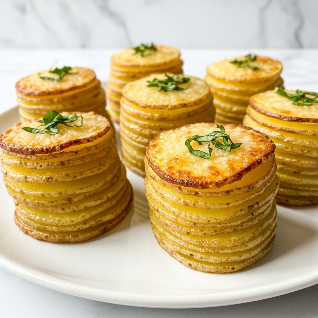 The image shows several stacks of thinly sliced potatoes arranged in small, round towers on a white plate with a white marbled texture background. Each stack is composed of many golden-yellow and light brown layers, with crispy browned edges and soft, smooth surfaces in between. The tops of the potato stacks have a light crust sprinkled with small green herb leaves, adding a touch of fresh color. The plate is plain white, enhancing the warm tones of the potato stacks and the fresh green herbs. photo taken with an iphone --ar 4:5 --v 7