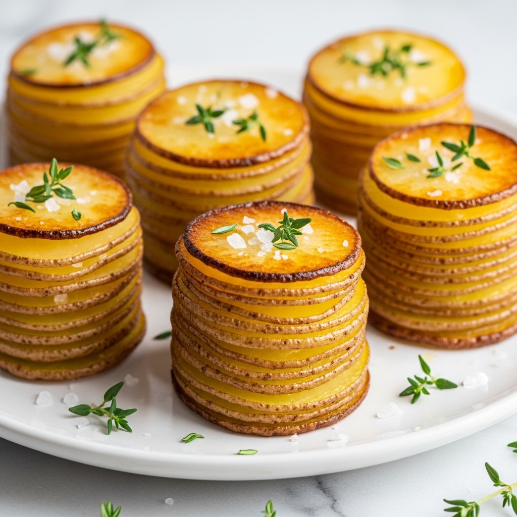 The image shows several small stacks of thinly sliced golden roasted potatoes, each stack made of about eight to ten layers. Each potato slice is crisp and browned on the edges, creating a ring-like layered tower with a soft yellow inside. The tops of the stacks are sprinkled with coarse salt and fresh green thyme leaves, adding color contrast. The stacks are arranged on a white plate, placed on a white marbled surface, with a few scattered sprigs of thyme around them. The lighting highlights the crispy texture and rich colors of the potatoes, making them look warm and inviting. photo taken with an iphone --ar 4:5 --v 7