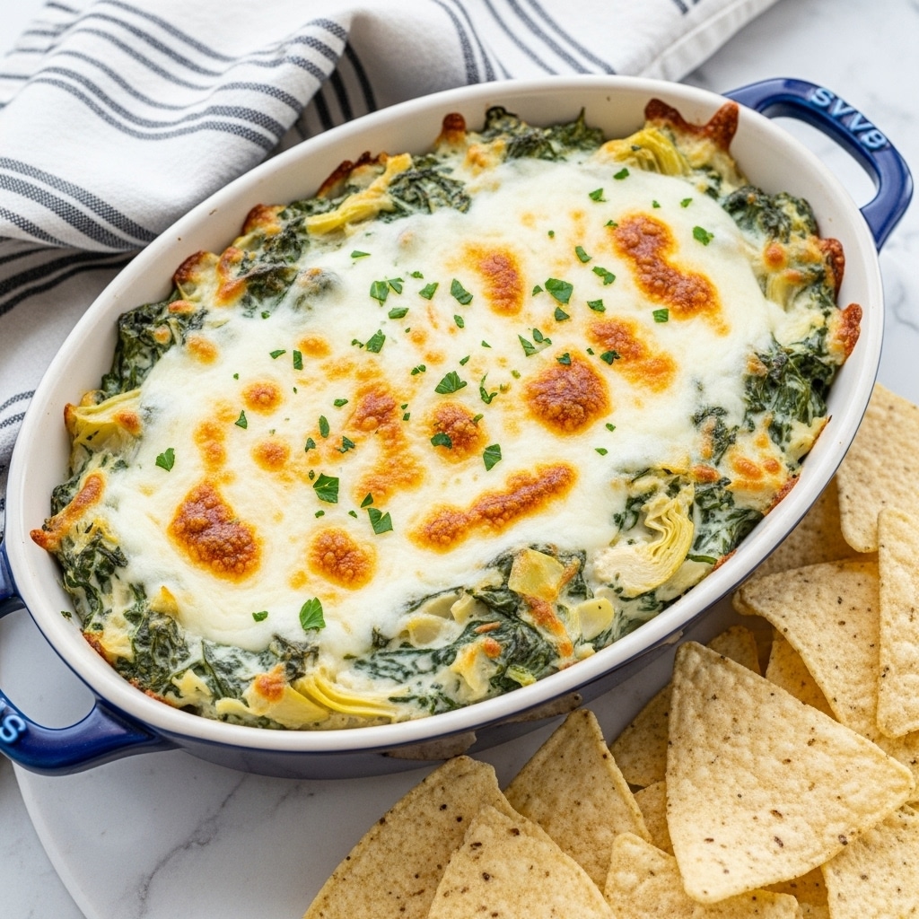 A white oval dish filled with a baked dip that has a golden brown and creamy top layer, with bits of melted cheese and browned spots. The dip shows darker green leafy pieces mixed throughout, topped with small pieces of chopped green herbs. The dish sits on a wooden board surrounded by light yellow tortilla chips. A striped black and white cloth with white tassels is partly visible in the top corner. The whole scene is on a white marbled surface. photo taken with an iphone --ar 4:5 --v 7