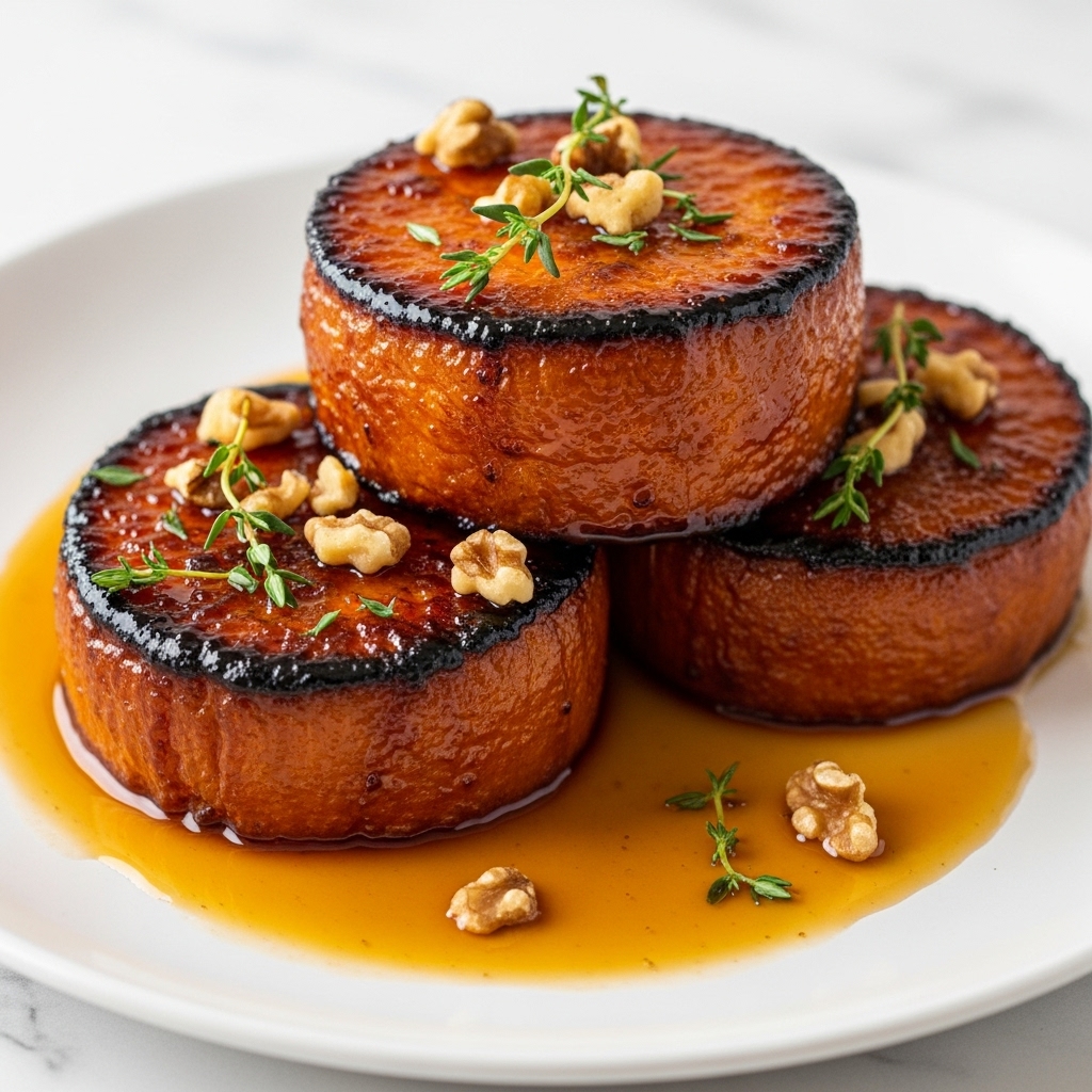 The image shows close-up thick round slices of food covered with a shiny dark brown sauce, stacked in layers with three visible slices, the top one partially resting on the others. The rich sauce coats each slice fully, giving a glossy texture, with small chopped nuts sprinkled on top along with green herb sprigs for garnish. The dish sits on a white plate with a thin light brown rim, placed on a white marbled surface. Photo taken with an iphone --ar 4:5 --v 7