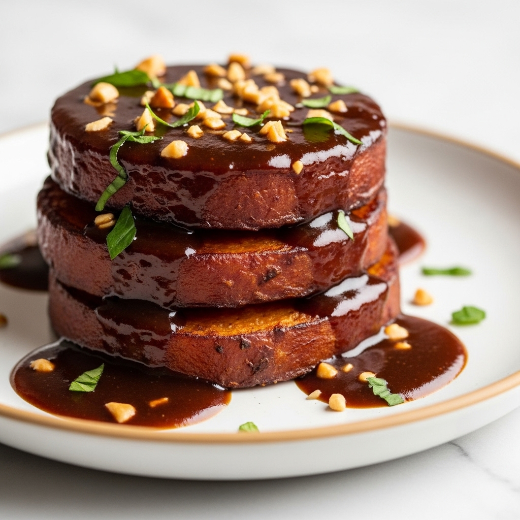The image shows three thick, round pieces of glazed roasted sweet potato stacked closely together on a white plate. Each piece has a shiny, caramelized surface with a deep amber-brown color and slightly charred edges, highlighting a rich, sticky texture. Small sprigs of fresh thyme and crunchy walnut pieces are sprinkled on top, adding green and beige elements for contrast. A golden caramel sauce pools around the sweet potatoes, giving a glossy liquid reflection below the stack, all set on a white marbled background. Photo taken with an iphone --ar 4:5 --v 7