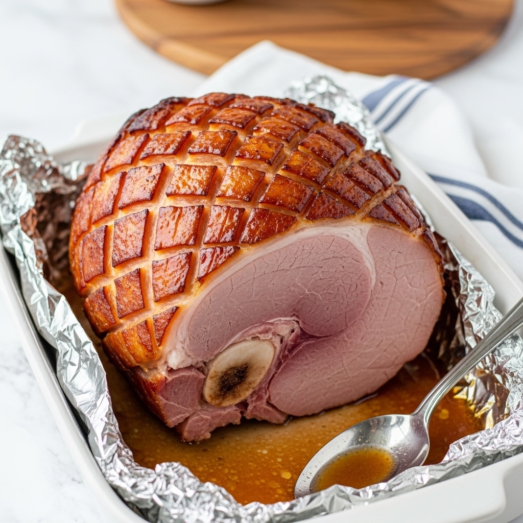 A large cooked ham with a shiny, golden-brown, and slightly crispy outer layer sits in a white ceramic baking dish lined with crumpled aluminum foil. The ham is partially sliced, showing a pink interior with a smooth texture and a visible bone near the center. The surface of the ham has a crosshatch pattern from scoring, giving it a textured look. The dish contains some brown juice or glaze at the bottom, and a metal spoon rests inside the dish on the right side. The background is a white marbled surface with a blurred wooden round cutting board and a white towel with blue stripes visible behind the dish. Photo taken with an iphone --ar 4:5 --v 7