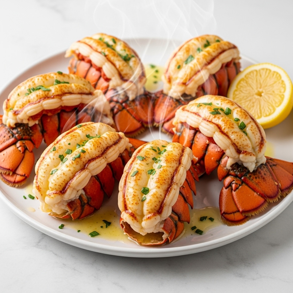 The image shows cooked lobster tails arranged on a white plate resting on a white marbled surface. Each lobster tail is sliced into sections revealing juicy, white meat topped with a browned, slightly crispy orange shell layer. The lobster meat glistens with melted butter that pools around the tails, adding shine and texture. Sprinkled green herbs are lightly scattered on top, adding fresh color contrast. A bright yellow lemon wedge sits at the edge of the plate, adding a pop of color to the warm tones of the dish. Steam rises softly from the lobster, hinting that the dish is hot and freshly cooked. Photo taken with an iphone --ar 4:5 --v 7