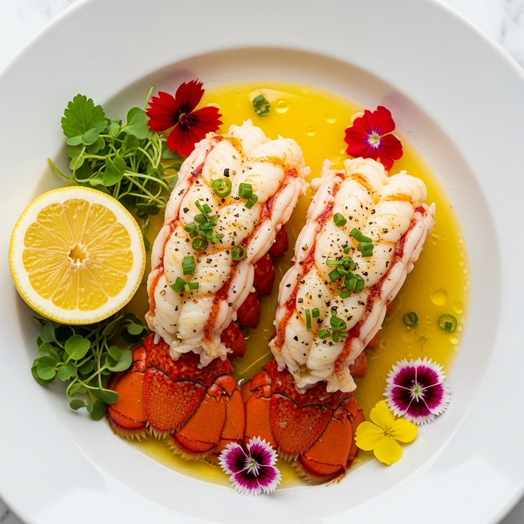 The dish shows two lobster tails arranged in a white bowl, each tail segmented with white meat and reddish-orange shell pieces. The lobster meat is lightly grilled with some reddish grill marks and is sitting in a pale yellow buttery sauce that covers the bottom of the bowl. Small green herb bits and black pepper are sprinkled on top of the lobster and sauce. There are small colorful edible flowers placed around the lobster, including red, pink, and yellow ones, along with fresh green herb sprigs near the edge. A lemon wedge with bright yellow skin and visible segments is placed on the left side of the bowl. The background is a white marbled texture. photo taken with an iphone --ar 4:5 --v 7
