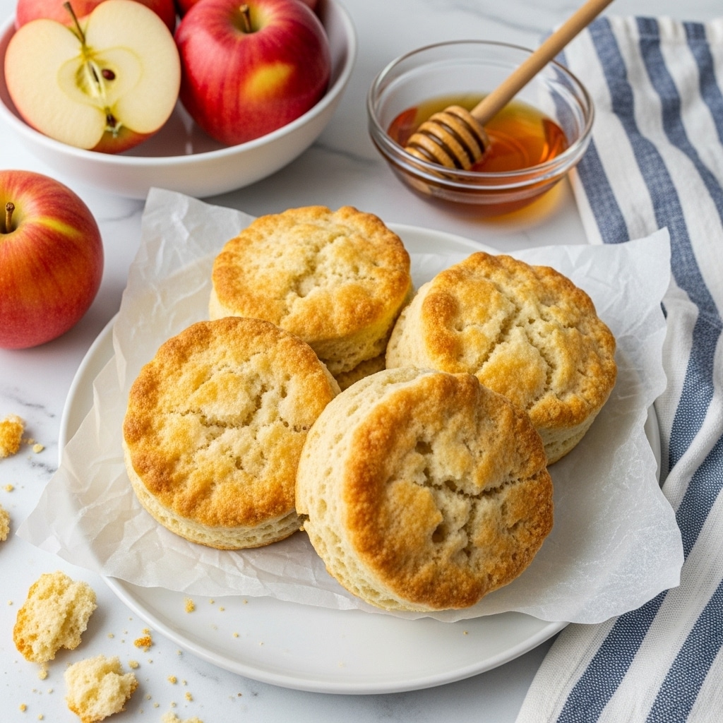 The image shows a plate with five round biscuits stacked slightly unevenly, each biscuit having a golden brown top with a rough texture and a light, crumbly side. To the left of the plate on a white marbled surface is a red apple, one half cut showing its pale inside and seeds, placed on a light blue and white striped cloth. In the top part of the image, a rectangular white butter dish holds several thick slices of butter with a silver knife resting on it. The whole setting is on a white marbled surface. photo taken with an iphone --ar 4:5 --v 7