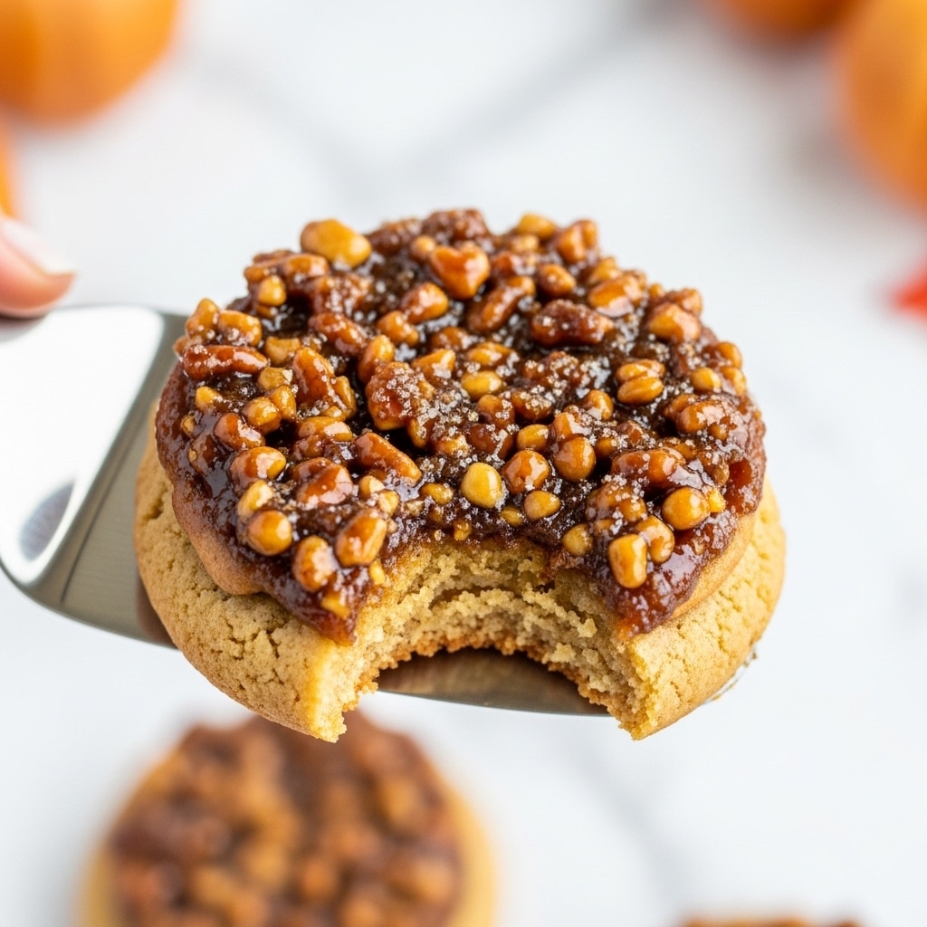 A close-up view of a single cookie held by a woman's hand spatula. The cookie has two visible layers: the base is a soft, golden-brown dough with a slightly crumbly texture, and the top layer is a glossy, sticky mix of chopped nuts and caramelized brown sugar in dark and amber shades. The cookie has a bite taken from it, showing the light and airy inside of the dough. The background is a white marbled texture with soft fall-colored blurred elements. photo taken with an iphone --ar 4:5 --v 7