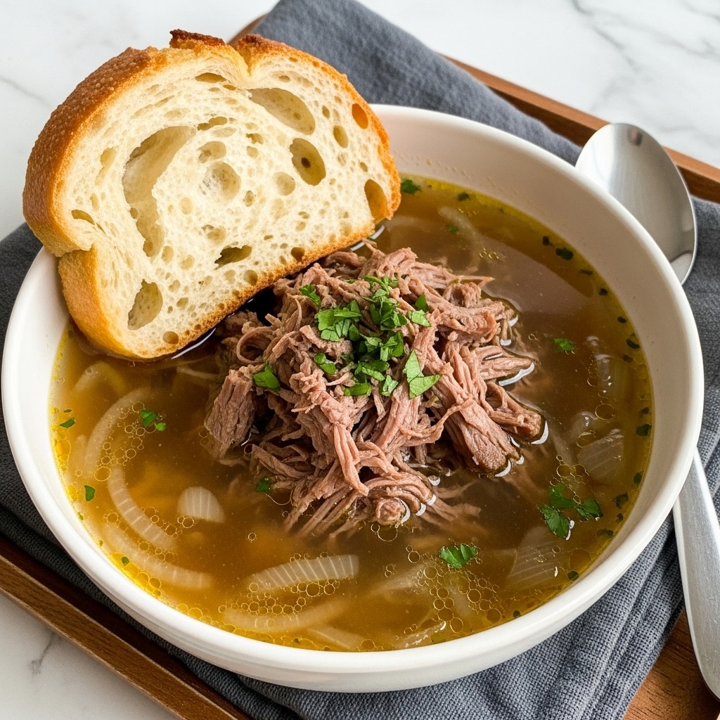 A white bowl filled with beef soup showing clear brown broth as the first layer, visible soft onion slices floating throughout, and tender chunks of shredded brown beef piled in the center, sprinkled with chopped green herbs on top. Leaning on the edge of the bowl is a thick slice of golden brown crusty bread with a soft, airy inside showing holes and texture. The bowl sits on a grey cloth, placed on a wooden tray, all set on a white marbled surface, with a silver spoon next to the bowl. Photo taken with an iphone --ar 4:5 --v 7