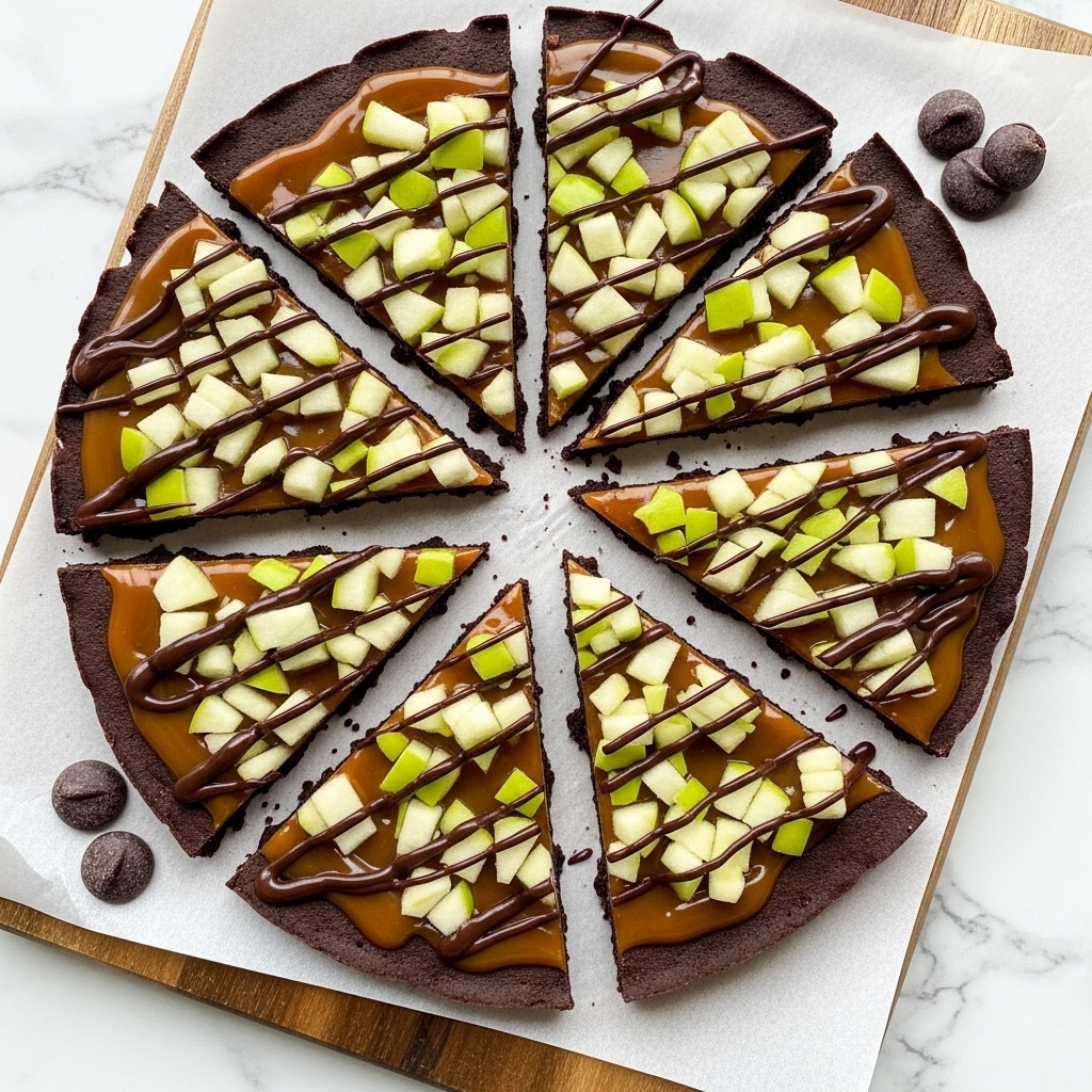 The image shows a round dessert bark broken into uneven triangular pieces, laid on white parchment on a wooden board with a white marbled surface underneath. The dessert has a visible thick dark chocolate base layer that is smooth and shiny. On top, there is a sticky caramel layer covering the base unevenly, with chopped pale green apple pieces scattered generously, adding fresh, crisp texture. Dark chocolate drizzle is artistically spread thinly over the top, creating dark lines that contrast with the caramel and apple. Two loose dark chocolate chips are placed on the parchment near the bark pieces. The photo is bright and clear, highlighting the colors and textures sharply. photo taken with an iphone --ar 4:5 --v 7
