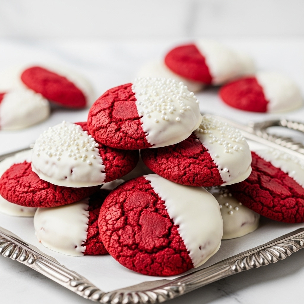 The image shows a stack of deep red cookies with a rough texture, each topped with a smooth layer of white icing covering about half the surface. One cookie on top is decorated with tiny white round sprinkles on the iced half, adding a speckled contrast. The cookies are piled on white parchment paper, placed on a silver tray with ornate edges. The background is a clean white marbled texture, with more cookies softly visible in the back. The overall look is rich and inviting, with the bright red and white colors sharply standing out. photo taken with an iphone --ar 4:5 --v 7